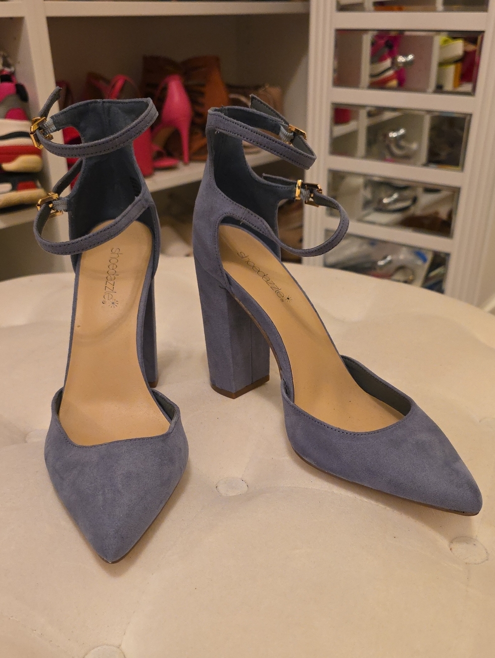 Shoe Dazzle Dusty Blue Suede Double-Ankle Block Heels